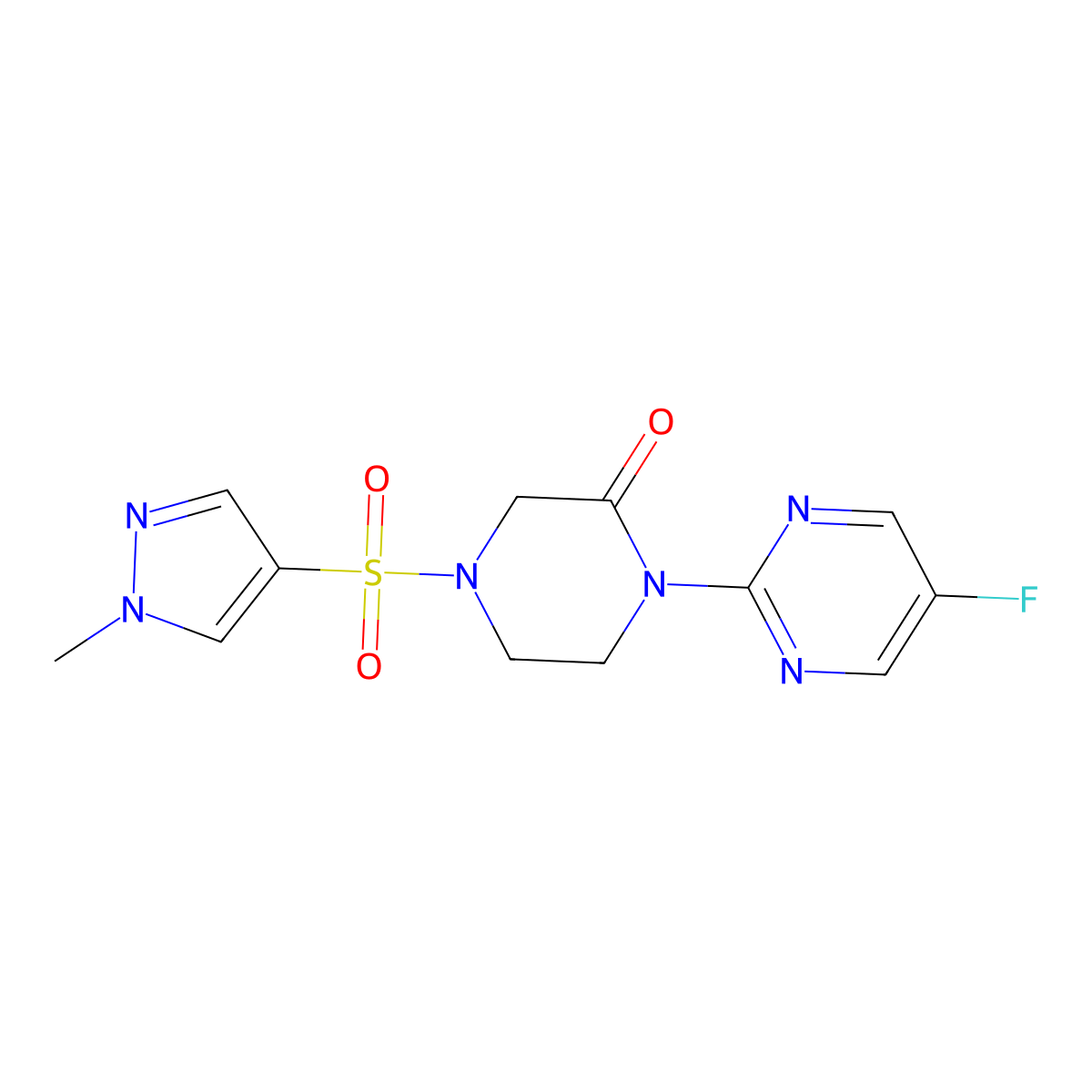 1-(5-Fluoropyrimidin-2-yl)-4-(1-methylpyrazol-4-yl)sulfonylpiperazin-2-one molecular structure, CAS 2320926-35-8