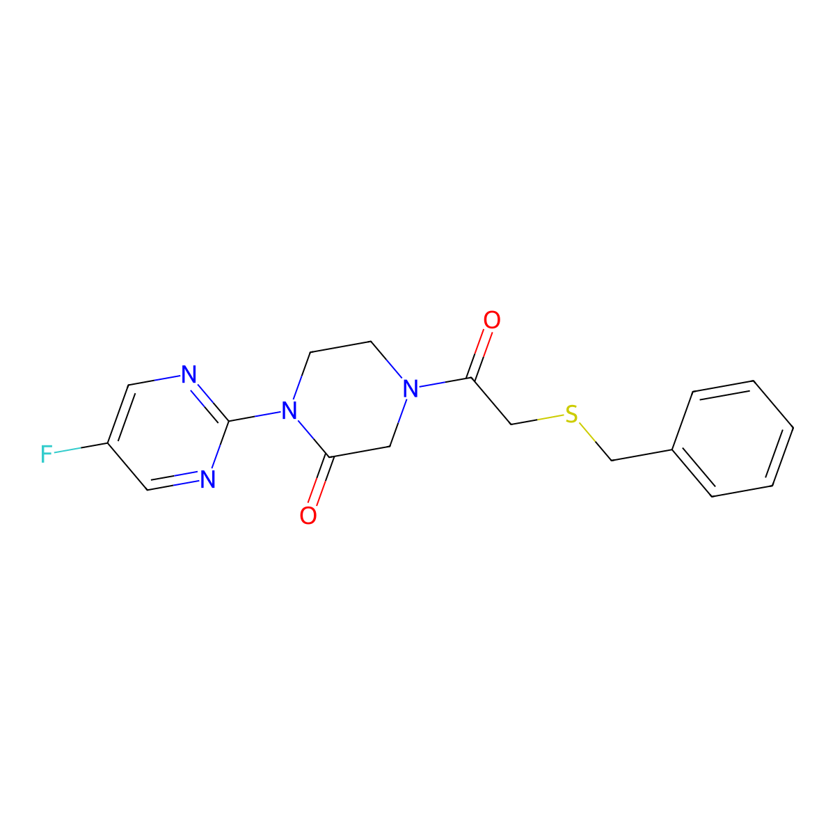 4-[2-(Benzylsulfanyl)acetyl]-1-(5-fluoropyrimidin-2-yl)piperazin-2-one molecular structure, CAS 2320926-41-6