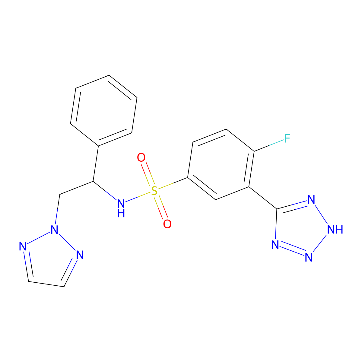 4-fluoro-N-(1-phenyl-2-(2H-1,2,3-triazol-2-yl)ethyl)-3-(1H-tetrazol-5-yl)benzenesulfonamide molecular structure, CAS 2320926-50-7