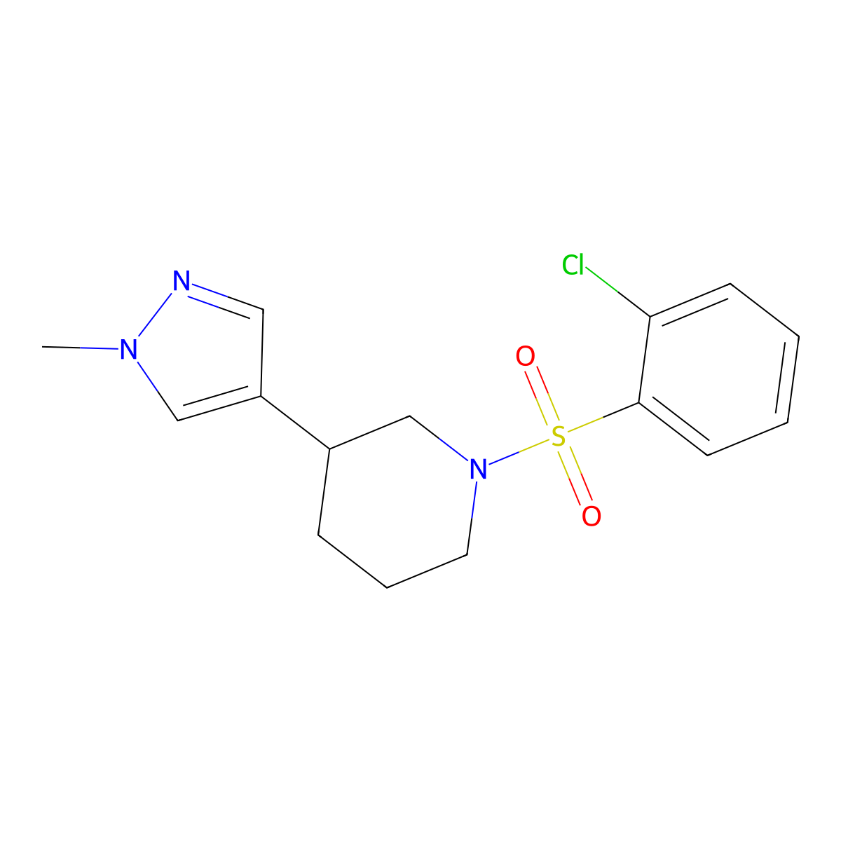 1-(2-chlorobenzenesulfonyl)-3-(1-methyl-1H-pyrazol-4-yl)piperidine molecular structure, CAS 2320926-55-2