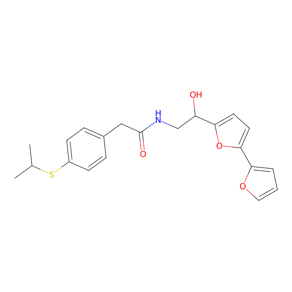 N-(2-{[2,2'-bifuran]-5-yl}-2-hydroxyethyl)-2-[4-(propan-2-ylsulfanyl)phenyl]acetamide molecular structure, CAS 2320927-49-7
