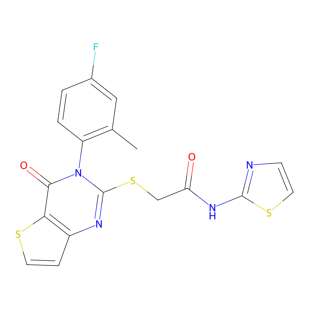2-{[3-(4-fluoro-2-methylphenyl)-4-oxo-3H,4H-thieno[3,2-d]pyrimidin-2-yl]sulfanyl}-N-(1,3-thiazol-2-yl)acetamide molecular structure, CAS 2320927-90-8