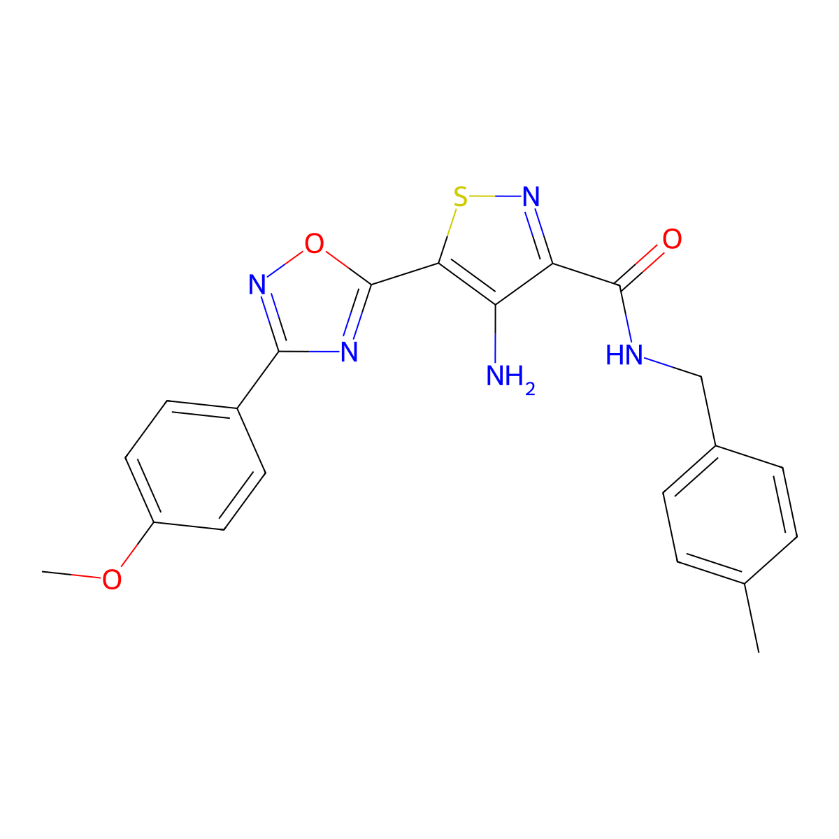 4-amino-5-[3-(4-methoxyphenyl)-1,2,4-oxadiazol-5-yl]-N-[(4-methylphenyl)methyl]-1,2-thiazole-3-carboxamide molecular structure, CAS 2320928-08-1