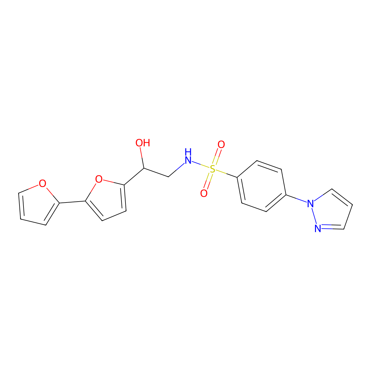 N-(2-{[2,2'-bifuran]-5-yl}-2-hydroxyethyl)-4-(1H-pyrazol-1-yl)benzene-1-sulfonamide molecular structure, CAS 2320929-24-4