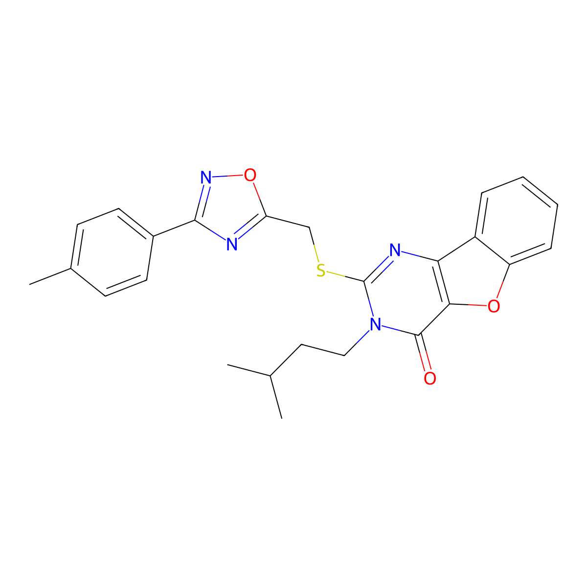 5-(3-Methylbutyl)-4-({[3-(4-methylphenyl)-1,2,4-oxadiazol-5-yl]methyl}sulfanyl)-8-oxa-3,5-diazatricyclo[7.4.0.0^{2,7}]trideca-1(13),2(7),3,9,11-pentaen-6-one molecular structure, CAS 2320929-29-9