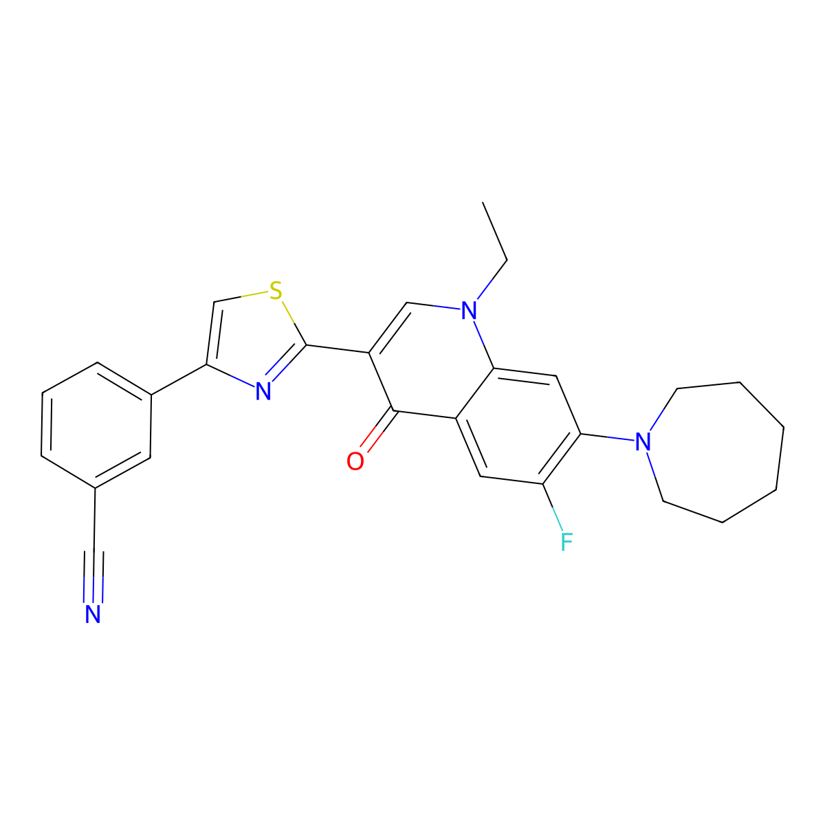 3-{2-[7-(Azepan-1-yl)-1-ethyl-6-fluoro-4-oxo-1,4-dihydroquinolin-3-yl]-1,3-thiazol-4-yl}benzonitrile molecular structure, CAS 2320929-51-7