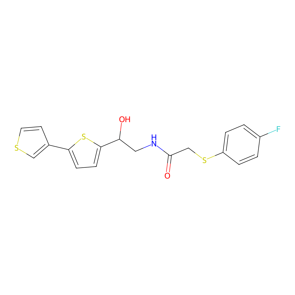 N-(2-{[2,3'-bithiophene]-5-yl}-2-hydroxyethyl)-2-[(4-fluorophenyl)sulfanyl]acetamide molecular structure, CAS 2320929-69-7