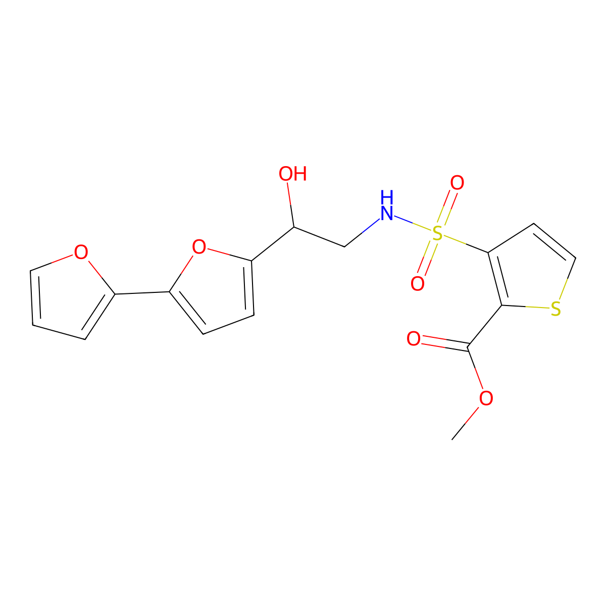 Methyl 3-[(2-{[2,2'-bifuran]-5-yl}-2-hydroxyethyl)sulfamoyl]thiophene-2-carboxylate molecular structure, CAS 2320930-20-7