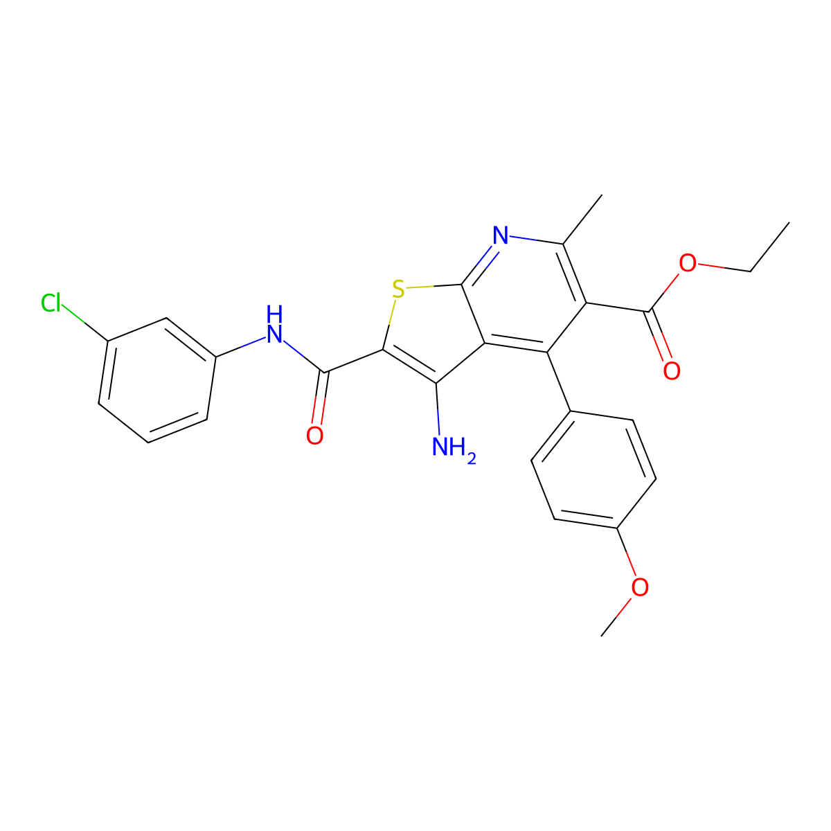 Ethyl 3-amino-2-[(3-chlorophenyl)carbamoyl]-4-(4-methoxyphenyl)-6-methylthieno[2,3-b]pyridine-5-carboxylate molecular structure, CAS 2320930-95-6