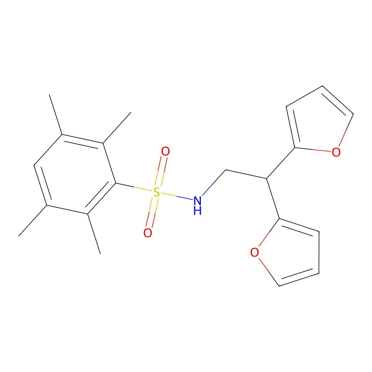 N-(2,2-di(furan-2-yl)ethyl)-2,3,5,6-tetramethylbenzenesulfonamide molecular structure, CAS 2320953-67-9