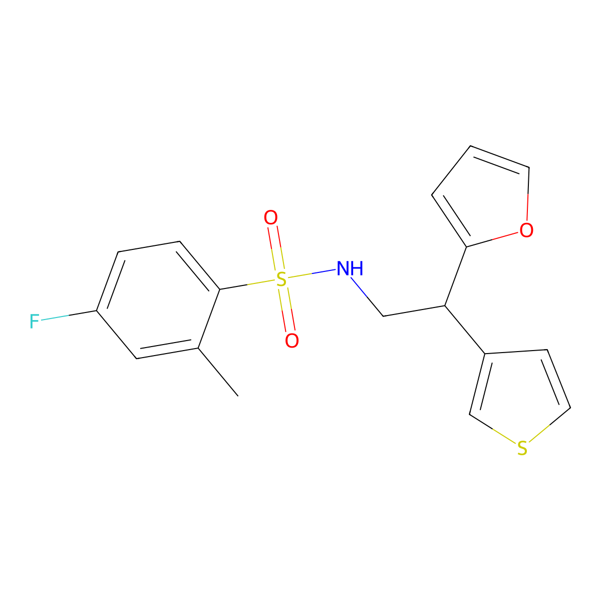4-fluoro-N-(2-(furan-2-yl)-2-(thiophen-3-yl)ethyl)-2-methylbenzenesulfonamide molecular structure, CAS 2320953-73-7