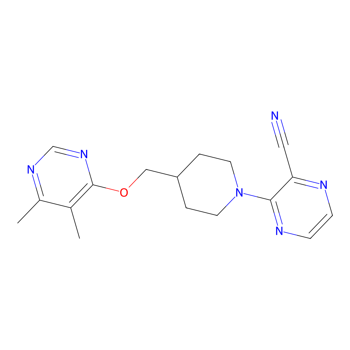 3-(4-{[(5,6-Dimethylpyrimidin-4-yl)oxy]methyl}piperidin-1-yl)pyrazine-2-carbonitrile molecular structure, CAS 2320953-83-9