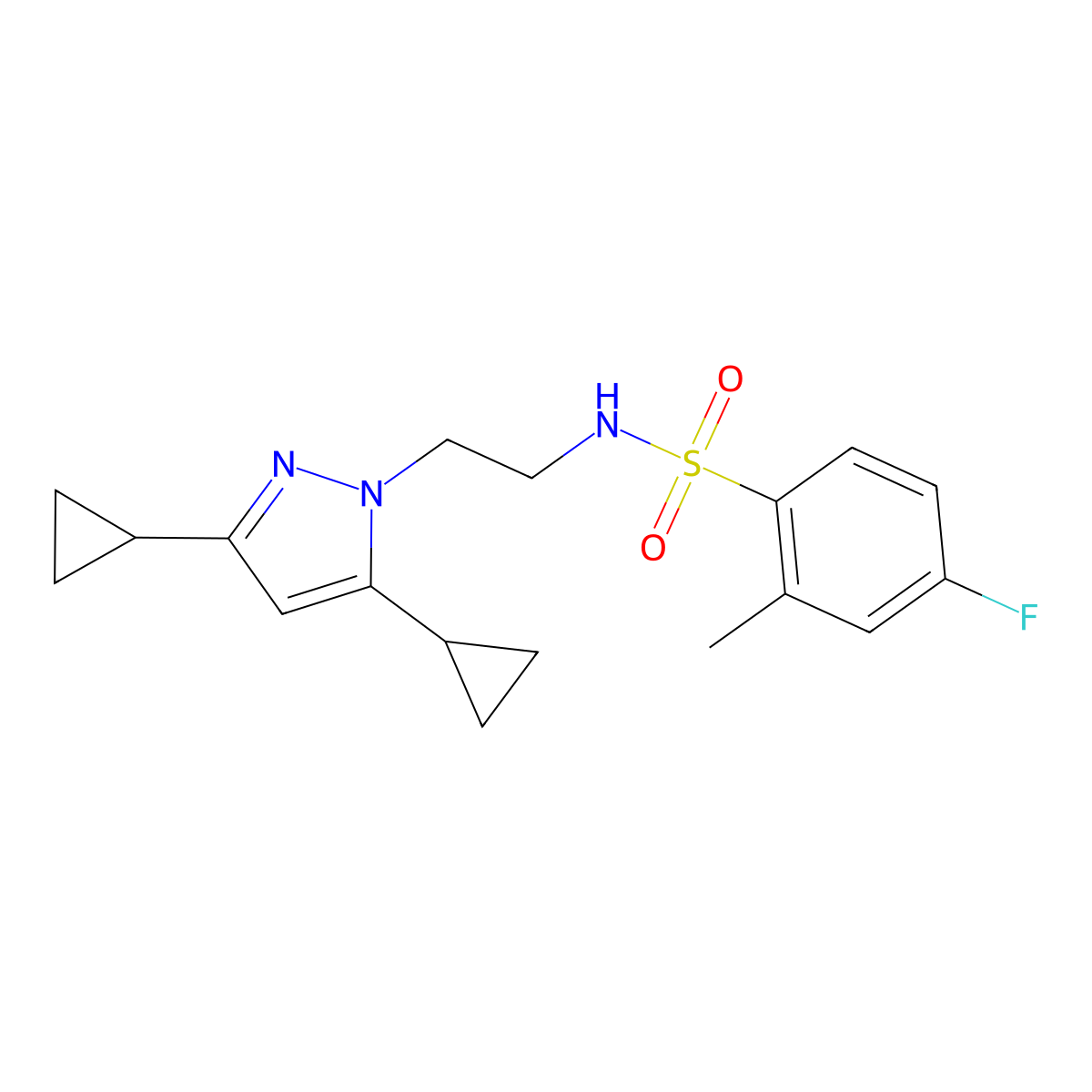 N-(2-(3,5-dicyclopropyl-1H-pyrazol-1-yl)ethyl)-4-fluoro-2-methylbenzenesulfonamide molecular structure, CAS 2320955-80-2