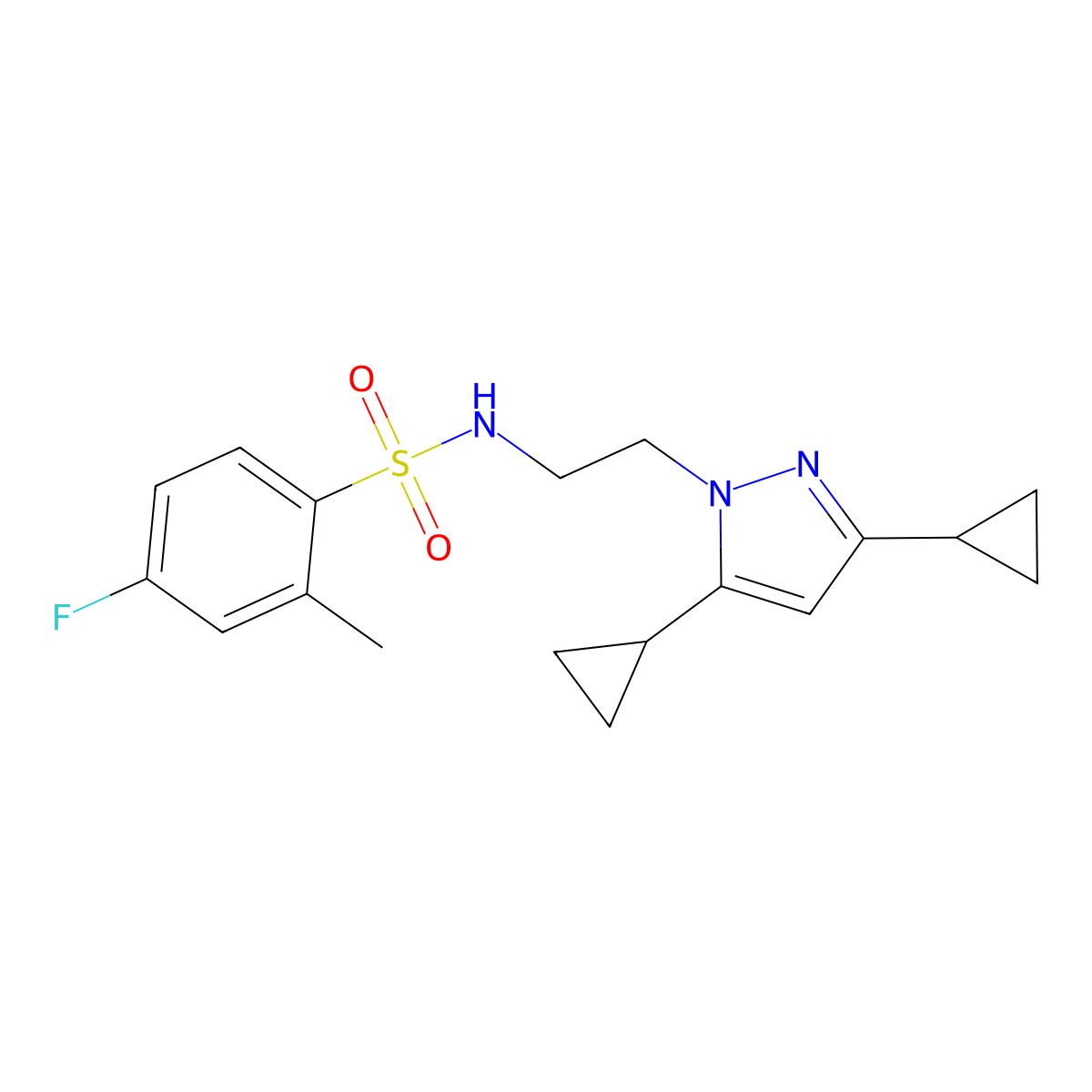 N-(2-(3,5-dicyclopropyl-1H-pyrazol-1-yl)ethyl)-4-fluoro-2-methylbenzenesulfonamide molecular structure, CAS 2320955-80-2