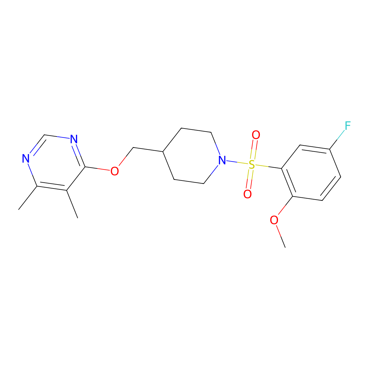 4-{[1-(5-Fluoro-2-methoxybenzenesulfonyl)piperidin-4-yl]methoxy}-5,6-dimethylpyrimidine molecular structure, CAS 2320956-94-1