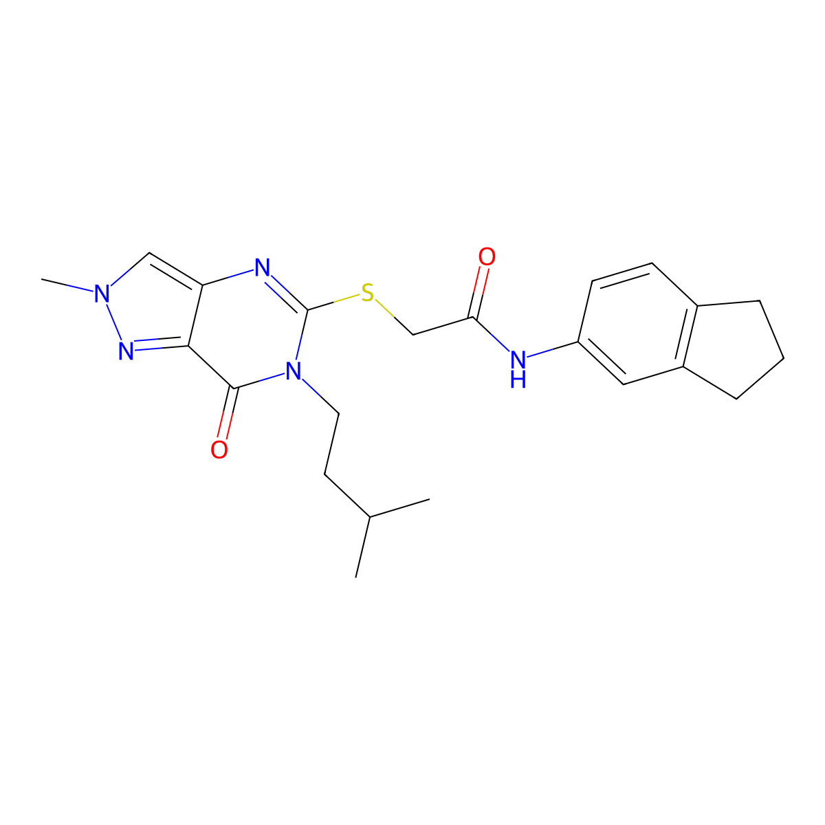 N-(2,3-dihydro-1H-inden-5-yl)-2-{[2-methyl-6-(3-methylbutyl)-7-oxo-2H,6H,7H-pyrazolo[4,3-d]pyrimidin-5-yl]sulfanyl}acetamide molecular structure, CAS 2320957-07-9