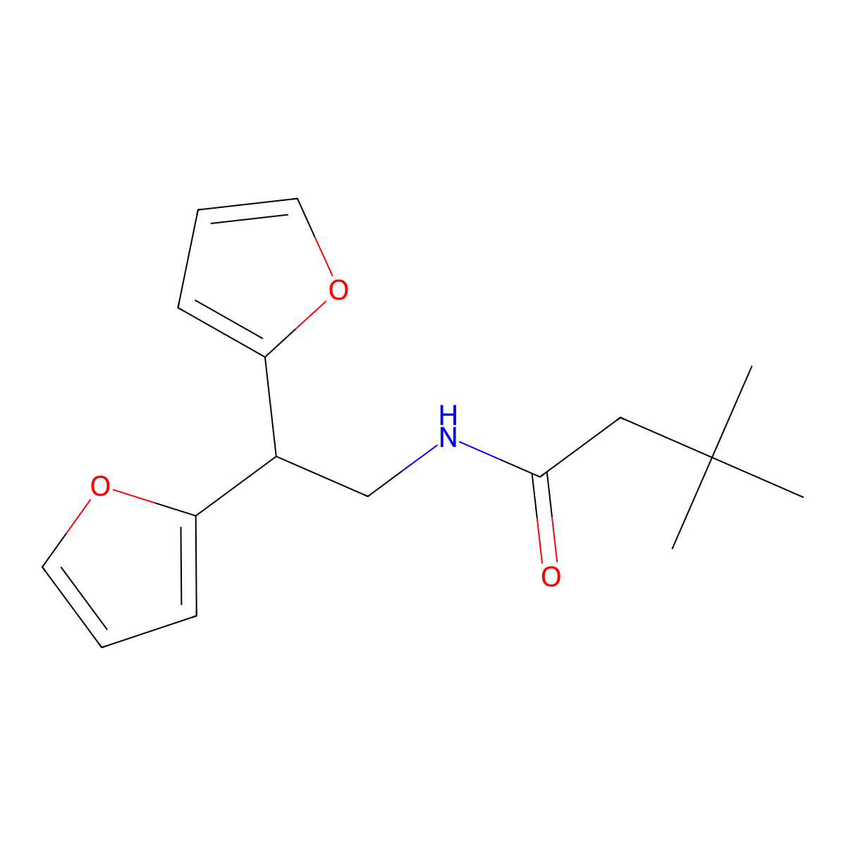 N-[2,2-bis(furan-2-yl)ethyl]-3,3-dimethylbutanamide molecular structure, CAS 2320957-35-3