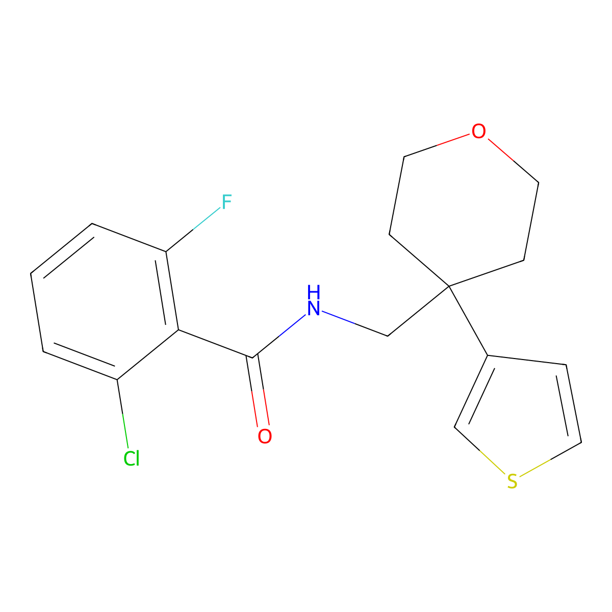 2-chloro-6-fluoro-N-((4-(thiophen-3-yl)tetrahydro-2H-pyran-4-yl)methyl)benzamide molecular structure, CAS 2320958-52-7