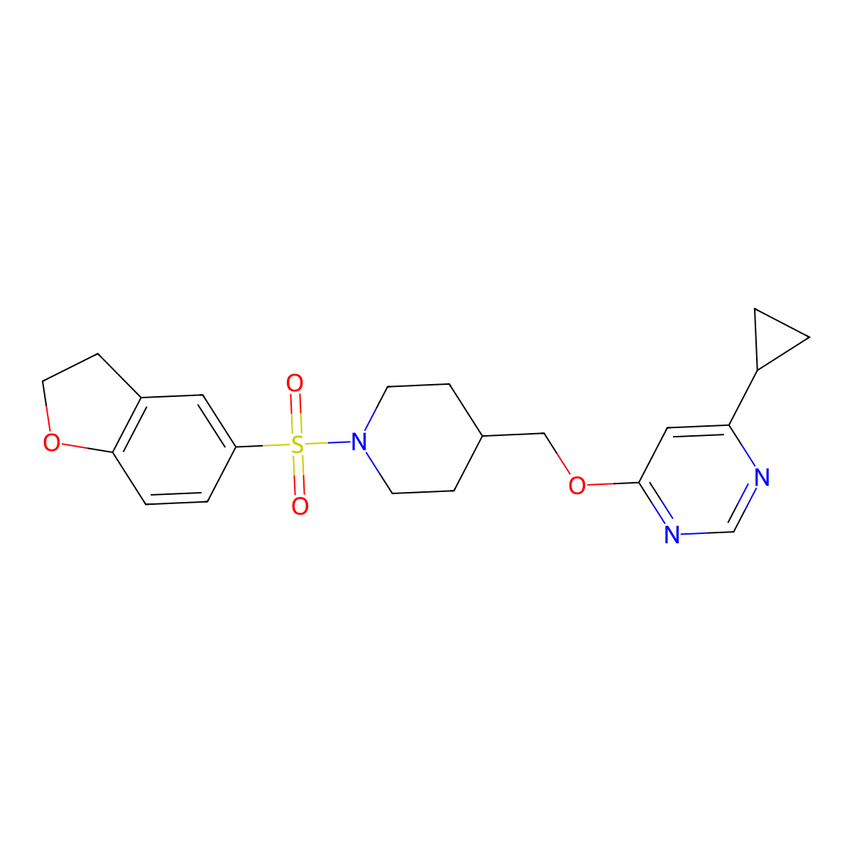 4-Cyclopropyl-6-{[1-(2,3-dihydro-1-benzofuran-5-sulfonyl)piperidin-4-yl]methoxy}pyrimidine molecular structure, CAS 2320958-73-2