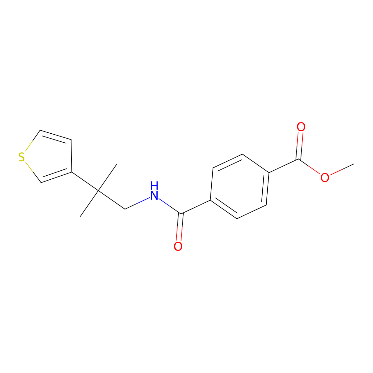 Methyl 4-((2-methyl-2-(thiophen-3-yl)propyl)carbamoyl)benzoate molecular structure, CAS 2320959-23-5