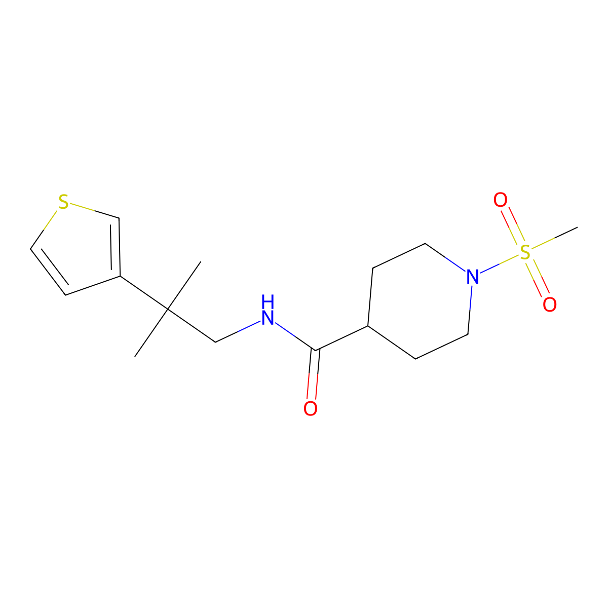 1-methanesulfonyl-N-[2-methyl-2-(thiophen-3-yl)propyl]piperidine-4-carboxamide molecular structure, CAS 2320959-41-7