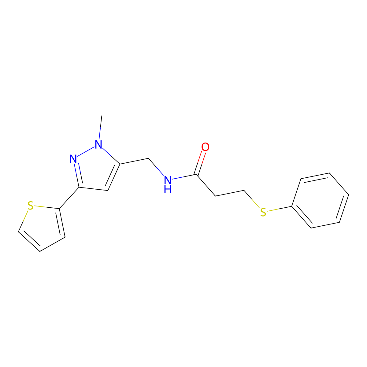 N-{[1-methyl-3-(thiophen-2-yl)-1H-pyrazol-5-yl]methyl}-3-(phenylsulfanyl)propanamide molecular structure, CAS 2320959-77-9