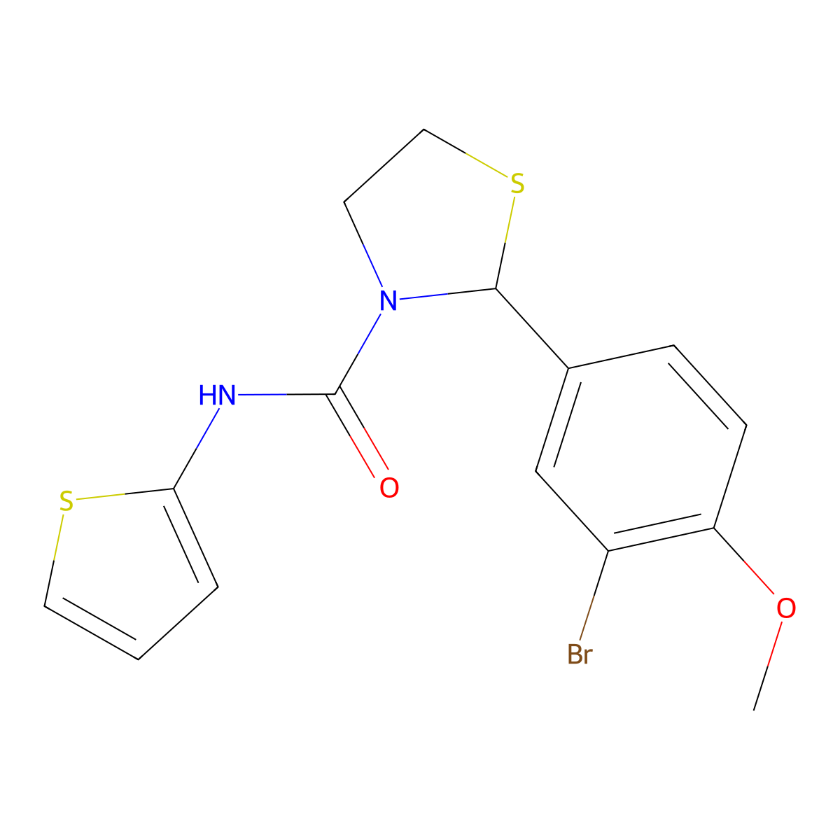 2-(3-bromo-4-methoxyphenyl)-N-(thiophen-2-yl)-1,3-thiazolidine-3-carboxamide molecular structure, CAS 2320960-07-2