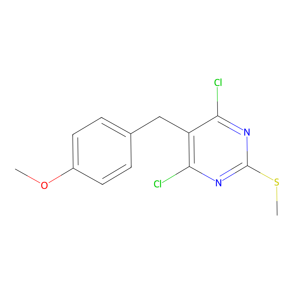 4,6-Dichloro-5-(4-methoxybenzyl)-2-(methylthio)pyrimidine molecular structure, CAS 23212-38-6