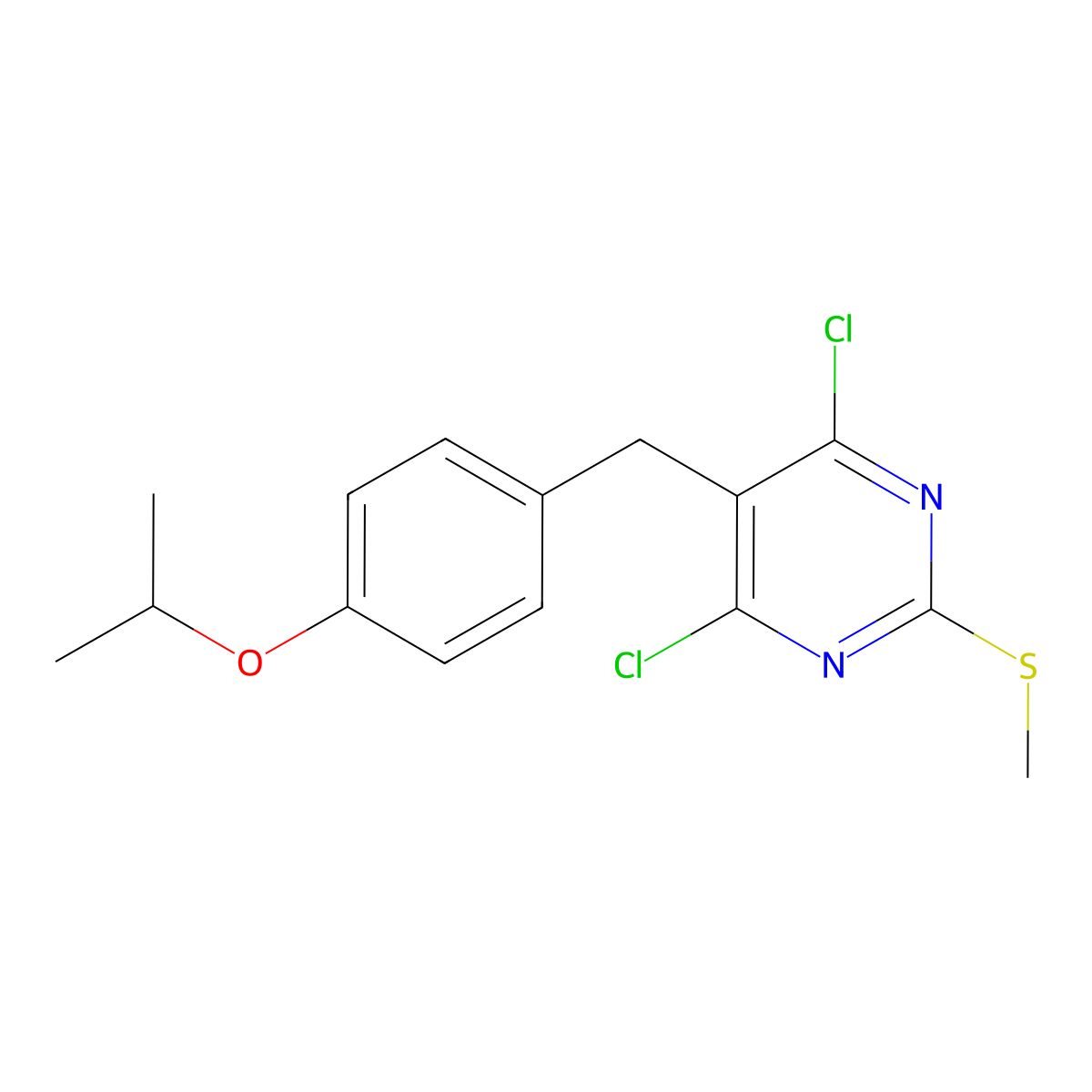 4,6-Dichloro-2-methylsulfanyl-5-[(4-propan-2-yloxyphenyl)methyl]pyrimidine molecular structure, CAS 23212-41-1
