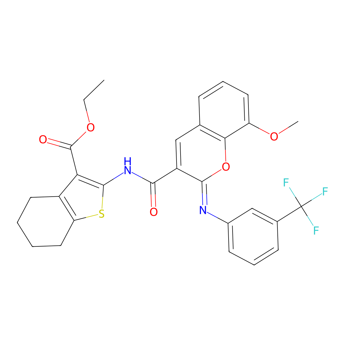 ethyl 2-[(2Z)-8-methoxy-2-{[3-(trifluoromethyl)phenyl]imino}-2H-chromene-3-amido]-4,5,6,7-tetrahydro-1-benzothiophene-3-carboxylate molecular structure, CAS 2321333-38-2