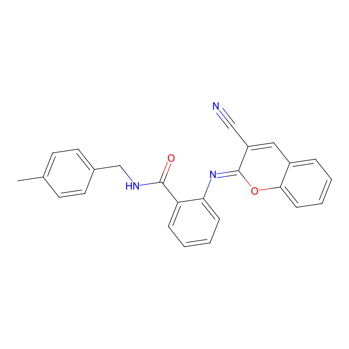 2-{[(2Z)-3-cyano-2H-chromen-2-ylidene]amino}-N-[(4-methylphenyl)methyl]benzamide molecular structure, CAS 2321338-34-3