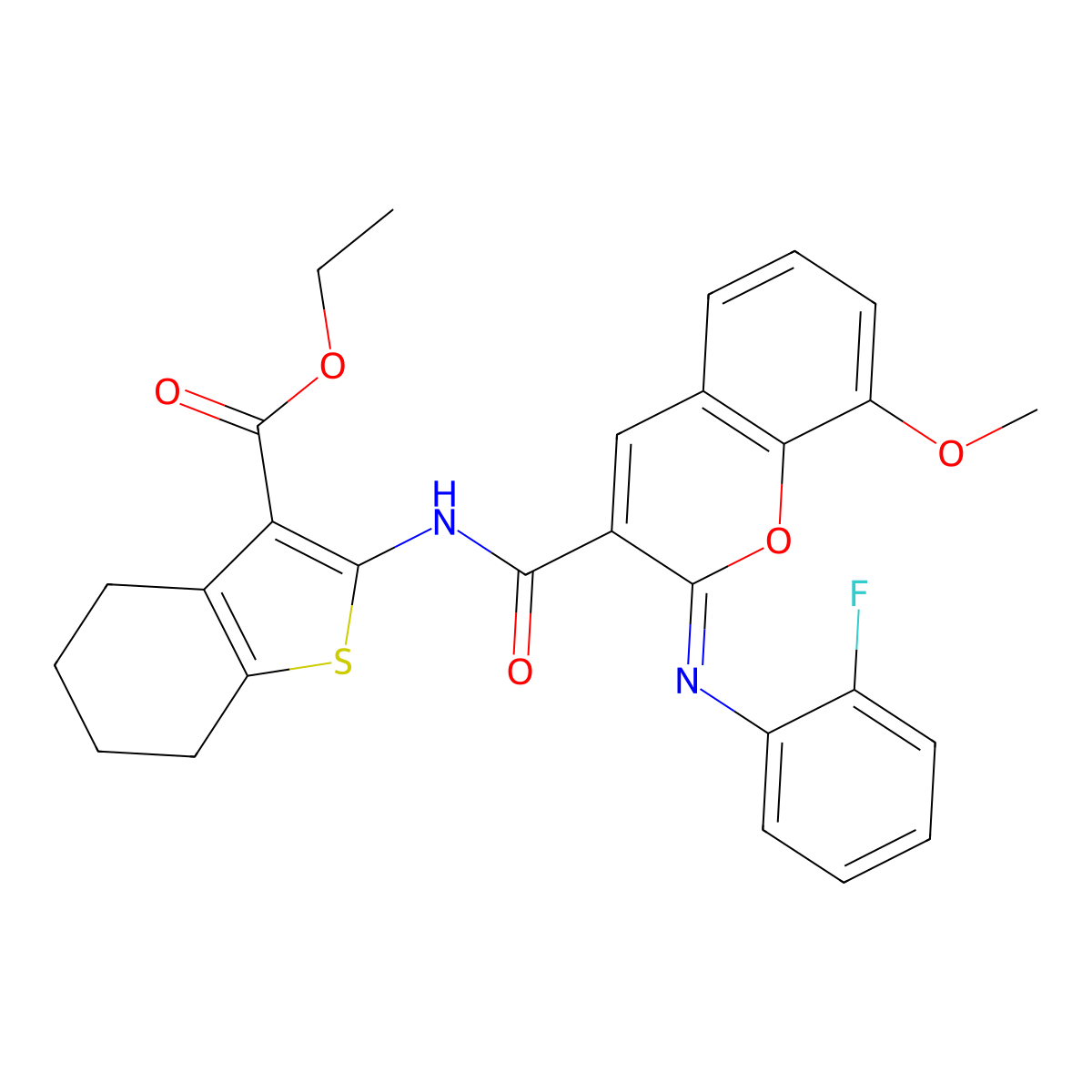 ethyl 2-[(2Z)-2-[(2-fluorophenyl)imino]-8-methoxy-2H-chromene-3-amido]-4,5,6,7-tetrahydro-1-benzothiophene-3-carboxylate molecular structure, CAS 2321338-37-6