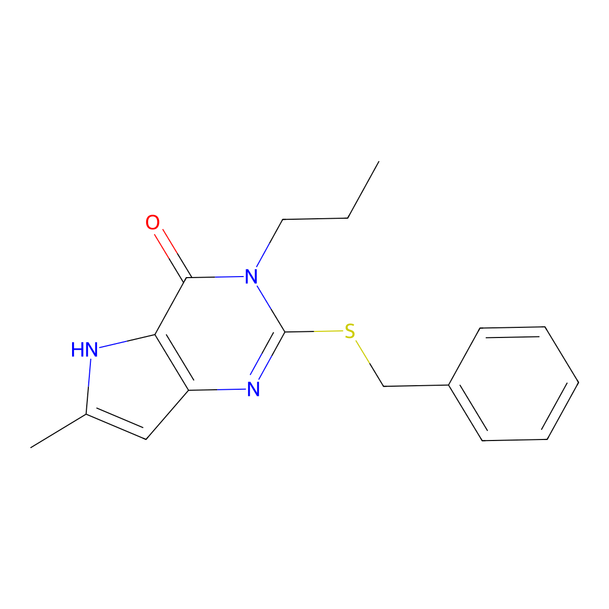 2-(benzylsulfanyl)-6-methyl-3-propyl-3H,4H,5H-pyrrolo[3,2-d]pyrimidin-4-one molecular structure, CAS 2321992-72-5