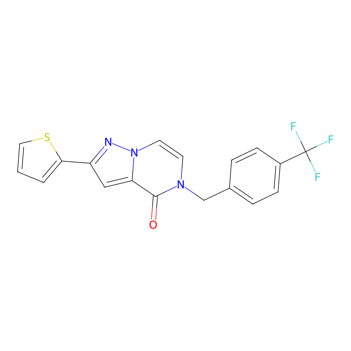 2-(thiophen-2-yl)-5-{[4-(trifluoromethyl)phenyl]methyl}-4H,5H-pyrazolo[1,5-a]pyrazin-4-one molecular structure, CAS 2322018-36-8