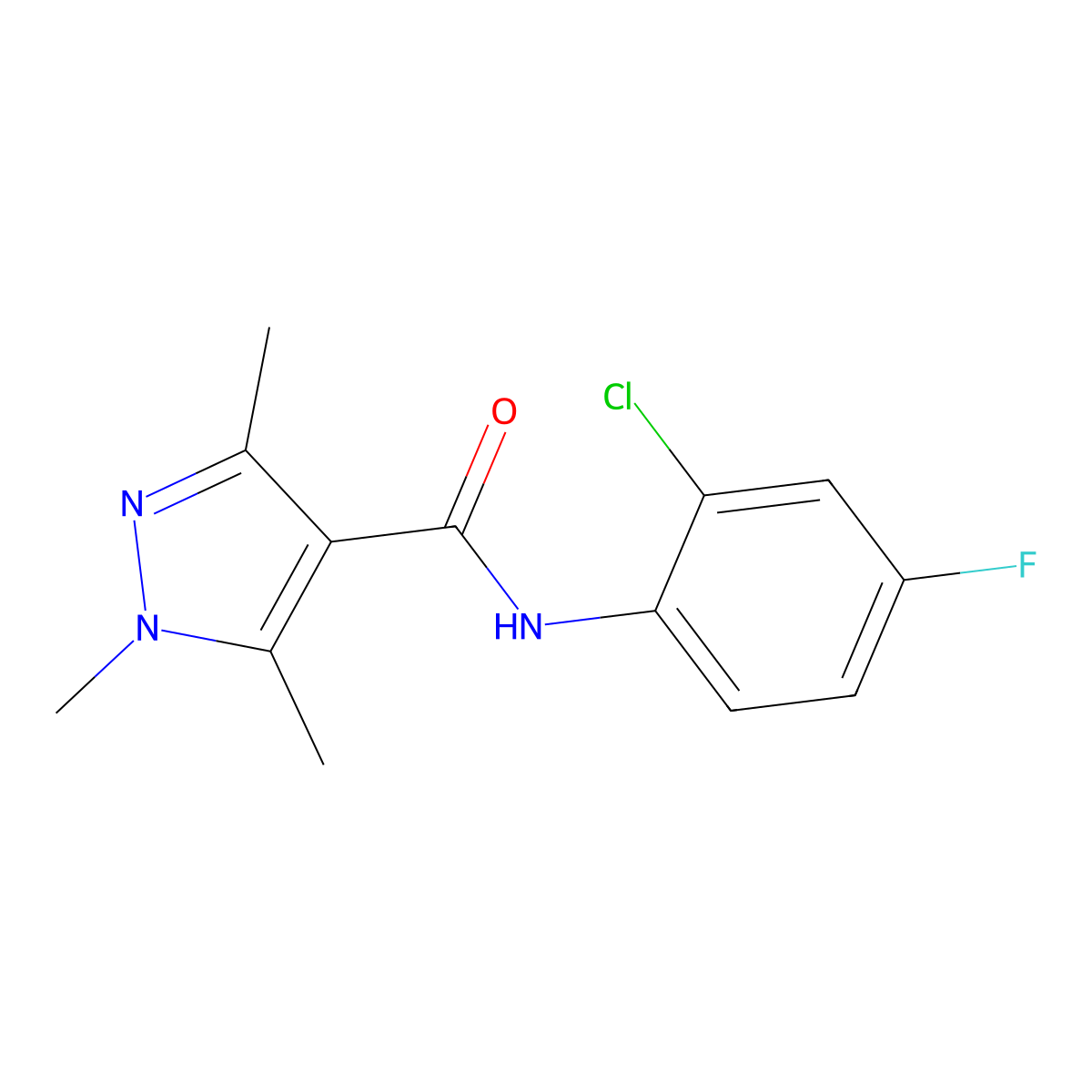 N-(2-chloro-4-fluorophenyl)-1,3,5-trimethyl-1H-pyrazole-4-carboxamide molecular structure, CAS 2322077-05-2