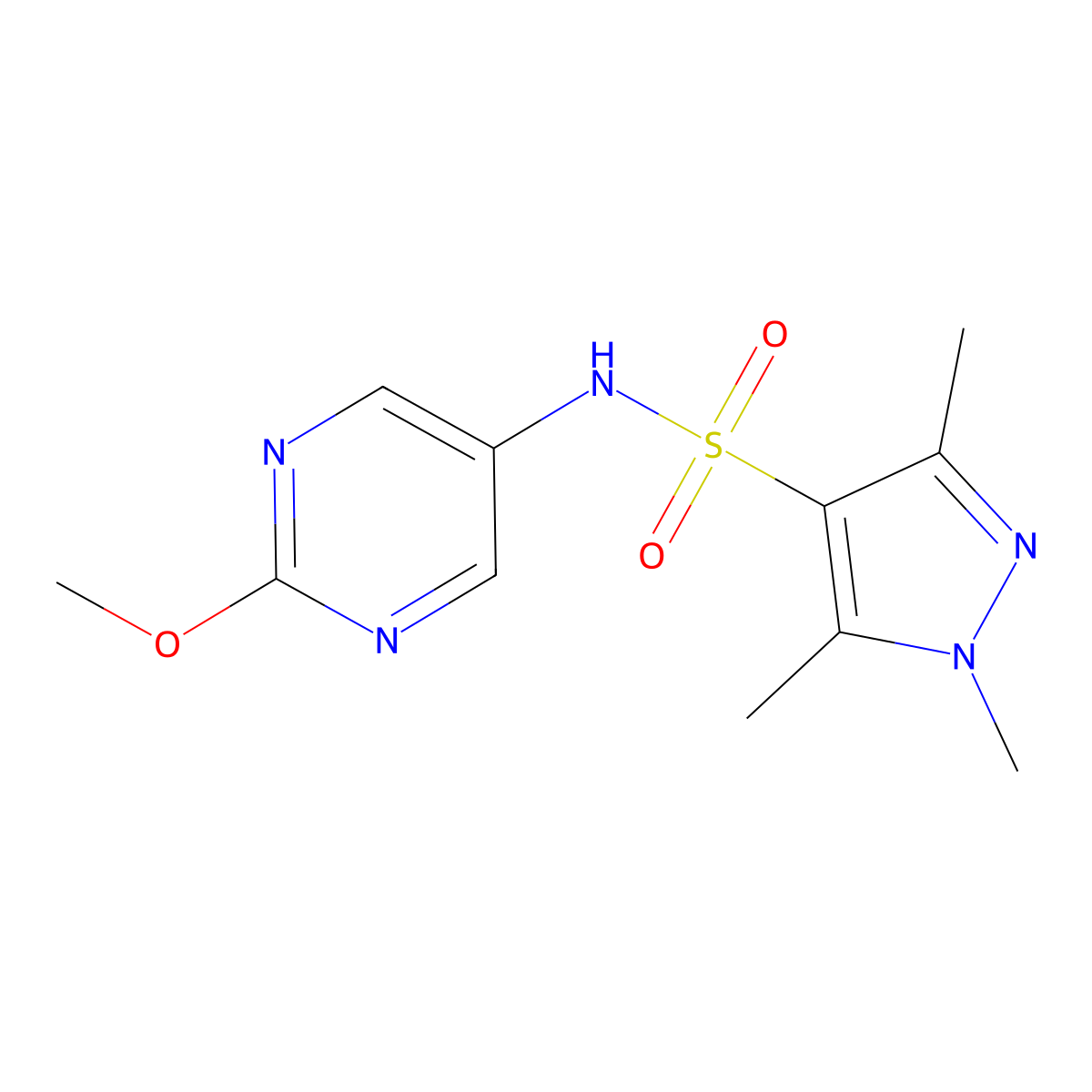 N-(2-methoxypyrimidin-5-yl)-1,3,5-trimethyl-1H-pyrazole-4-sulfonamide molecular structure, CAS 2322168-57-8