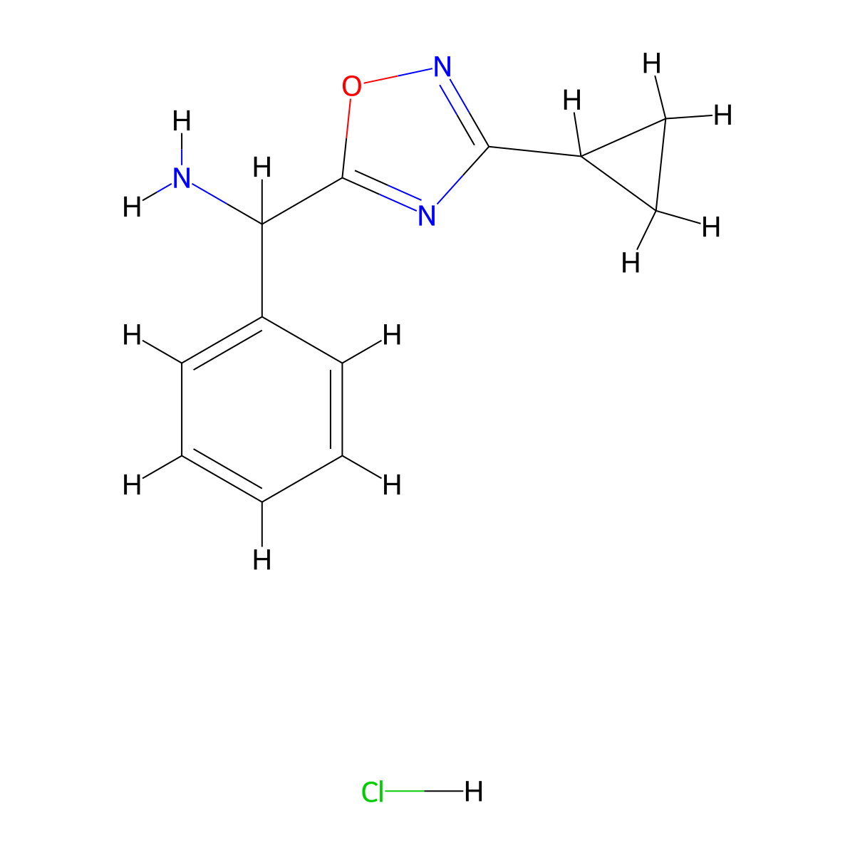 [(3-Cyclopropyl-1,2,4-oxadiazol-5-yl)(phenyl)methyl]amine hydrochloride molecular structure, CAS 2323074-12-8