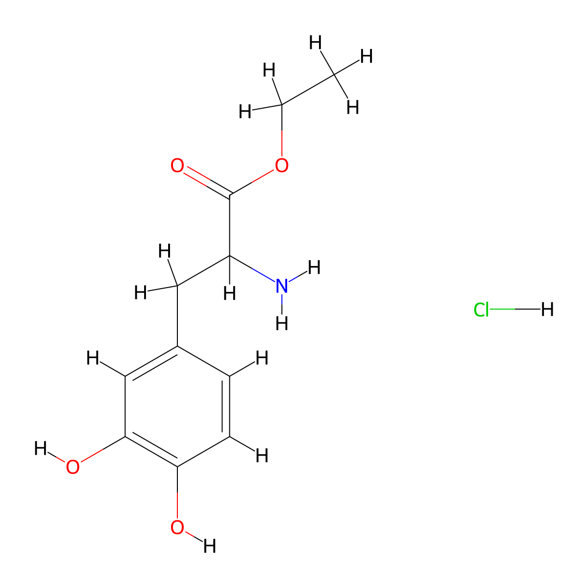 Ethyl 2-amino-3-(3,4-dihydroxyphenyl)propanoate hydrochloride molecular structure, CAS 23234-41-5