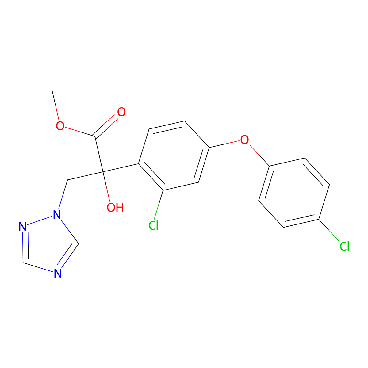 methyl 2-(2-chloro-4-(4-chlorophenoxy)phenyl)-2-hydroxy-3-(1H-1,2,4-triazol-1-yl)propanoate molecular structure, CAS 2323565-15-5