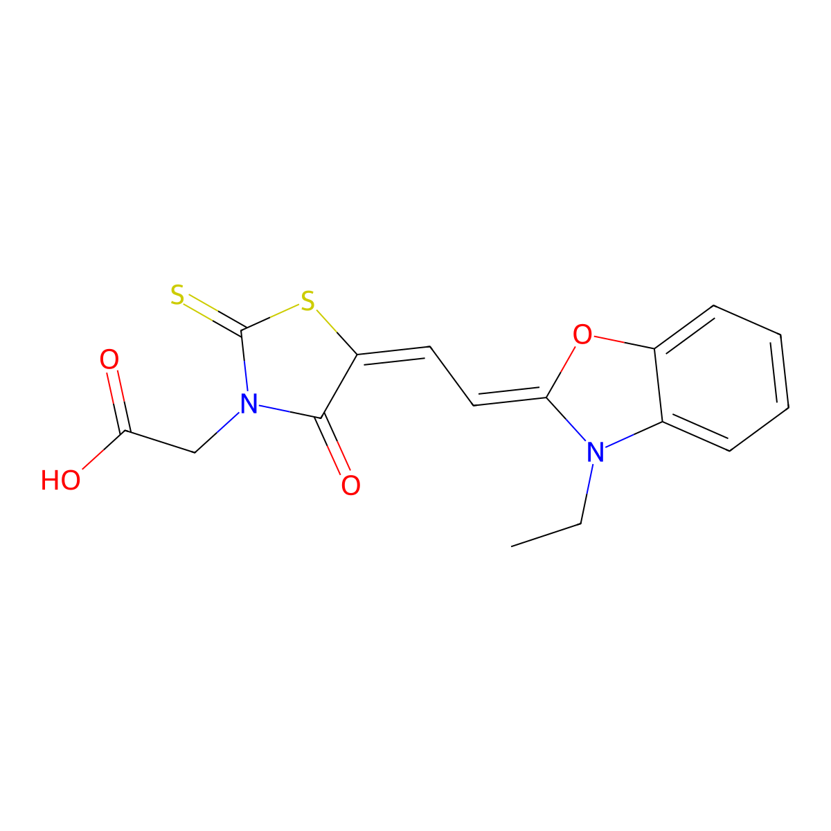 3-Thiazolidineacetic acid, 5-(2-(3-ethyl-2(3H)-benzoxazolylidene)ethylidene)-4-oxo-2-thioxo- molecular structure, CAS 23236-18-2