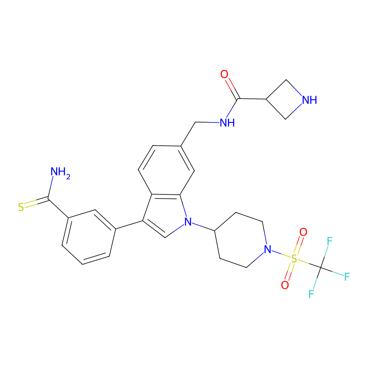 N-{[3-(3-carbamothioylphenyl)-1-{1-[(trifluoromethyl)sulfonyl]piperidin-4-yl}-1H-indol-6-yl]methyl}azetidine-3-carboxamide molecular structure, CAS 2323623-80-7