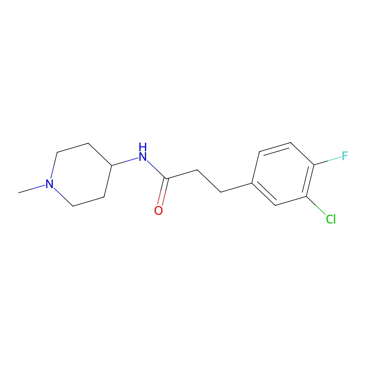 3-(3-chloro-4-fluorophenyl)-N-(1-methylpiperidin-4-yl)propanamide molecular structure, CAS 2324574-89-0