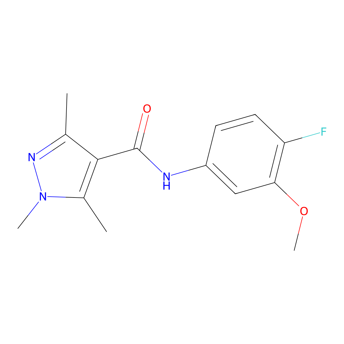 N-(4-fluoro-3-methoxyphenyl)-1,3,5-trimethyl-1H-pyrazole-4-carboxamide molecular structure, CAS 2324577-35-5