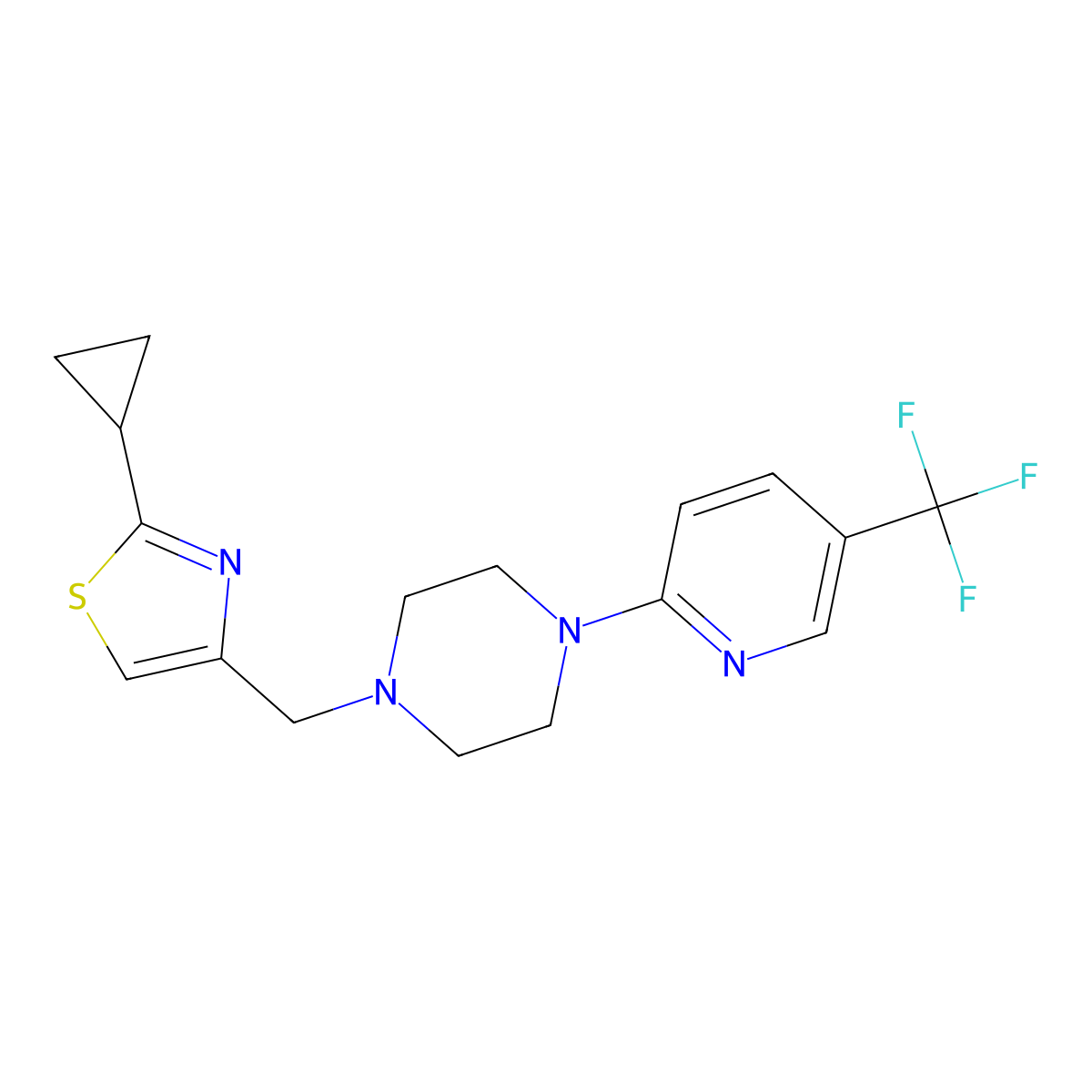 1-[(2-Cyclopropyl-1,3-thiazol-4-yl)methyl]-4-[5-(trifluoromethyl)pyridin-2-yl]piperazine molecular structure, CAS 2324586-43-6