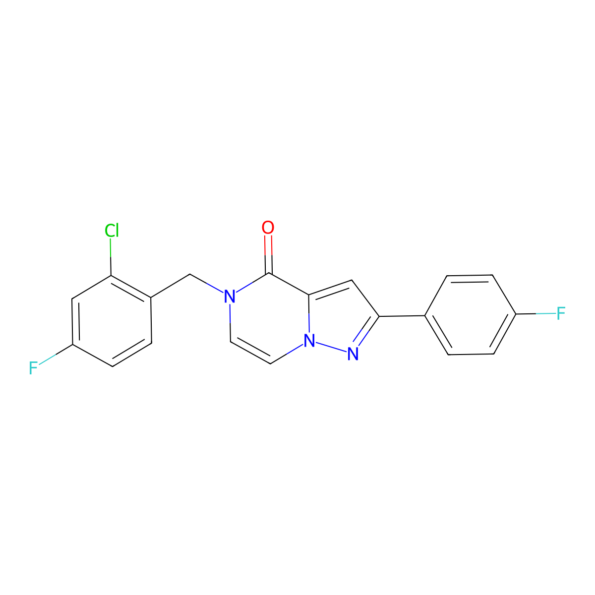 5-[(2-Chloro-4-fluorophenyl)methyl]-2-(4-fluorophenyl)pyrazolo[1,5-a]pyrazin-4-one molecular structure, CAS 2324672-07-1