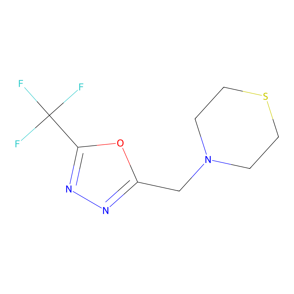 4-{[5-(Trifluoromethyl)-1,3,4-oxadiazol-2-yl]methyl}thiomorpholine molecular structure, CAS 2324943-34-0