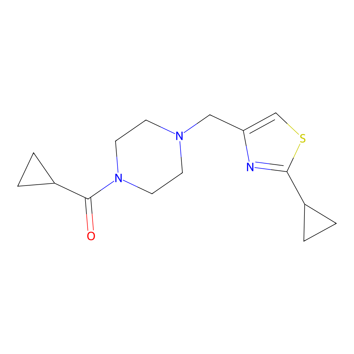 1-Cyclopropanecarbonyl-4-[(2-cyclopropyl-1,3-thiazol-4-yl)methyl]piperazine molecular structure, CAS 2324948-50-5
