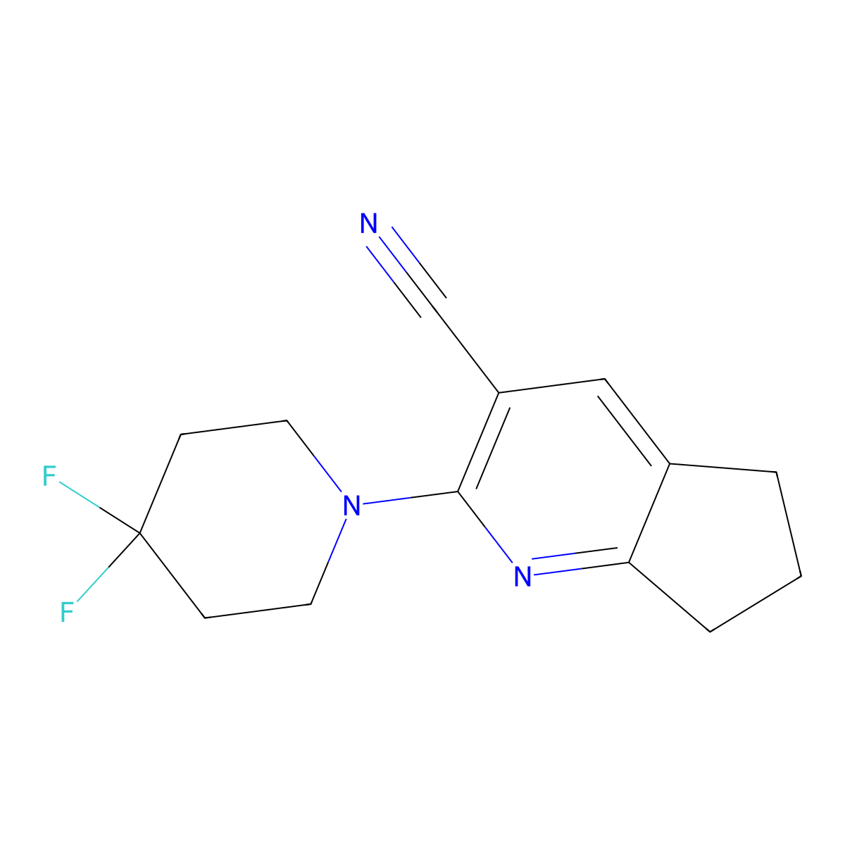 2-(4,4-difluoropiperidin-1-yl)-5H,6H,7H-cyclopenta[b]pyridine-3-carbonitrile molecular structure, CAS 2325043-52-3