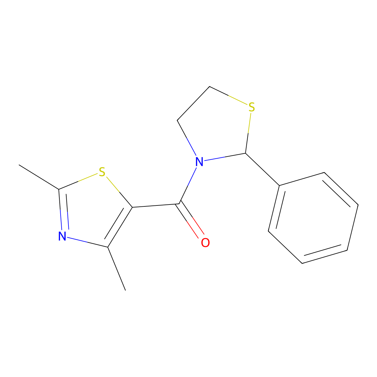 2,4-Dimethyl-5-(2-phenyl-1,3-thiazolidine-3-carbonyl)-1,3-thiazole molecular structure, CAS 2325056-14-0