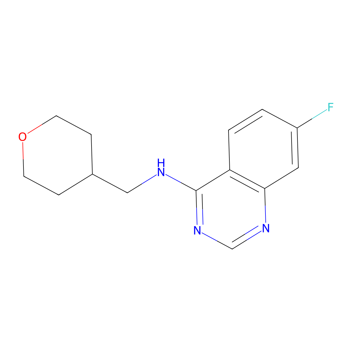 7-fluoro-N-[(oxan-4-yl)methyl]quinazolin-4-amine molecular structure, CAS 2325082-44-6